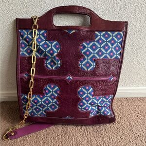 Tory Burch vintage Elegant Burgundy Patterned Tote Bag